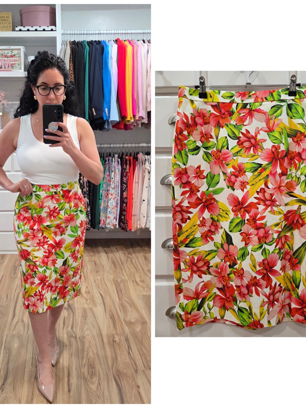 J. Crew White Floral Pencil Skirt with Pink & Green Print